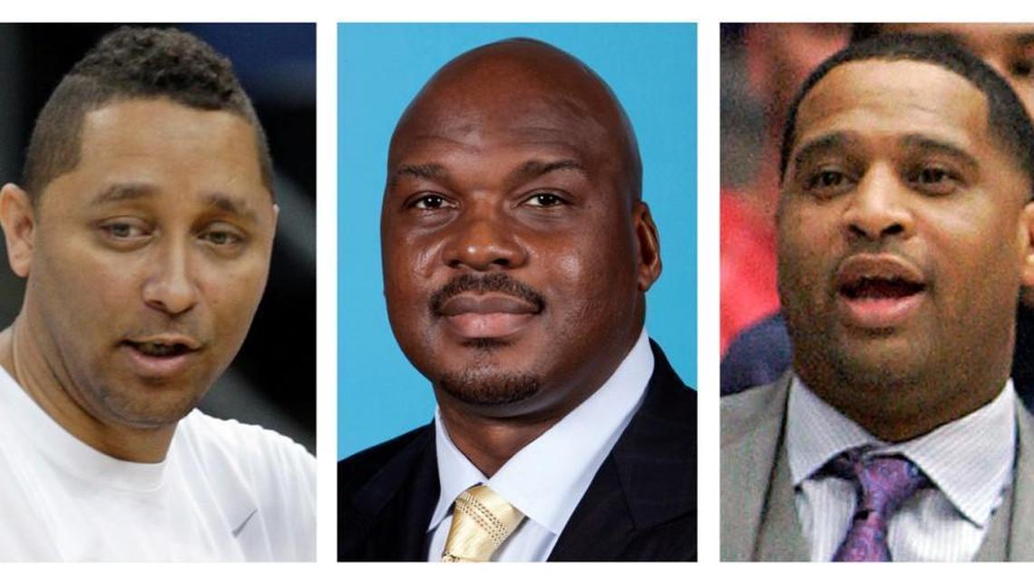 These file photos show assistant basketball coaches Tony Bland, left, Chuck Person, center, and Lamont Richardson. The three, along with assistant coach Lamont Evans of Oklahoma State, were identified in court papers and are among 10 people facing federal charges in Manhattan federal court, on Sept. 26, 2017, in a wide probe of fraud and corruption in the NCAA, authorities said. (AP Photo/File)