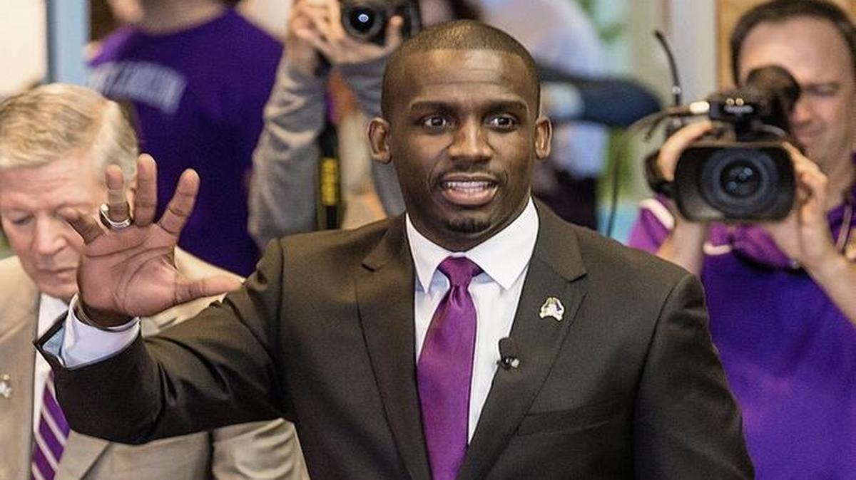 East Carolina's new football head coach Scottie Montgomery speaks at a news conference in Greenville in December. (ECU Sports Media via AP)