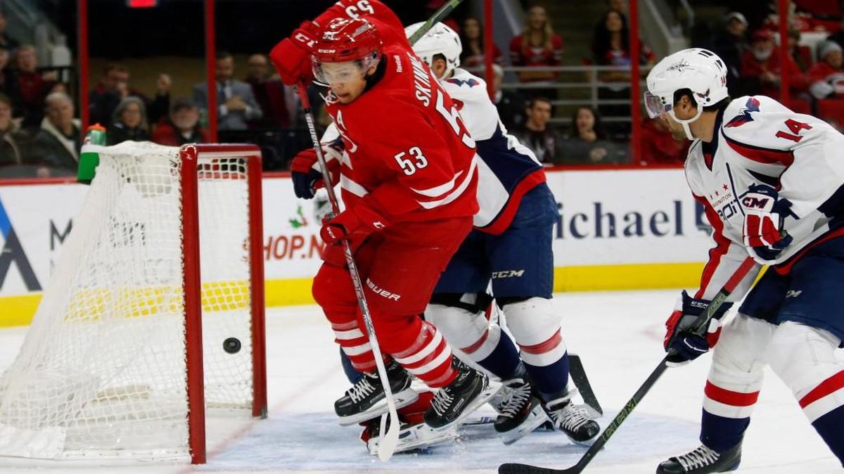 The Canes’ Jeff Skinner (53) scores against the Washington Capitals’ Matt Niskanen (2) and Justin Williams (14) during the first period at PNC Arena.