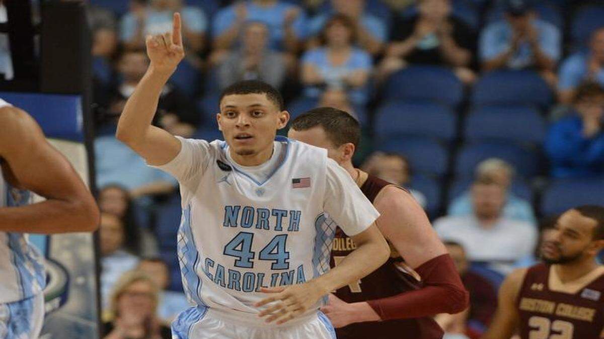 
North Carolina’s Justin Jackson reacts after scoring a second half basket agasint Boston College during the second round of the Atlantic Coast Conference basketball tournament in Greensboro.
