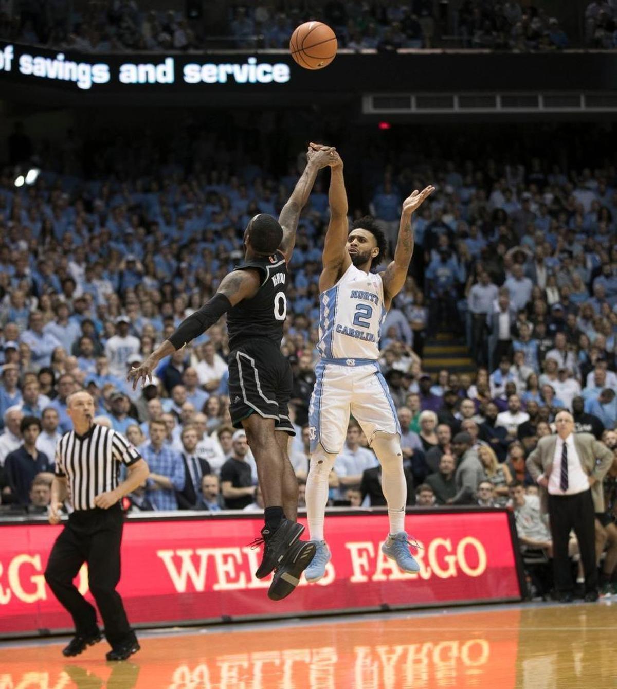 North Carolina's Joel Berry II (2) puts up a shot to tie the game 88-88 with :05 to play against Miami on Tuesday, February 27, 2018 at the Smith Center in Chapel Hill, N.C. Berry scored 31 in his final game at the Smith Center.