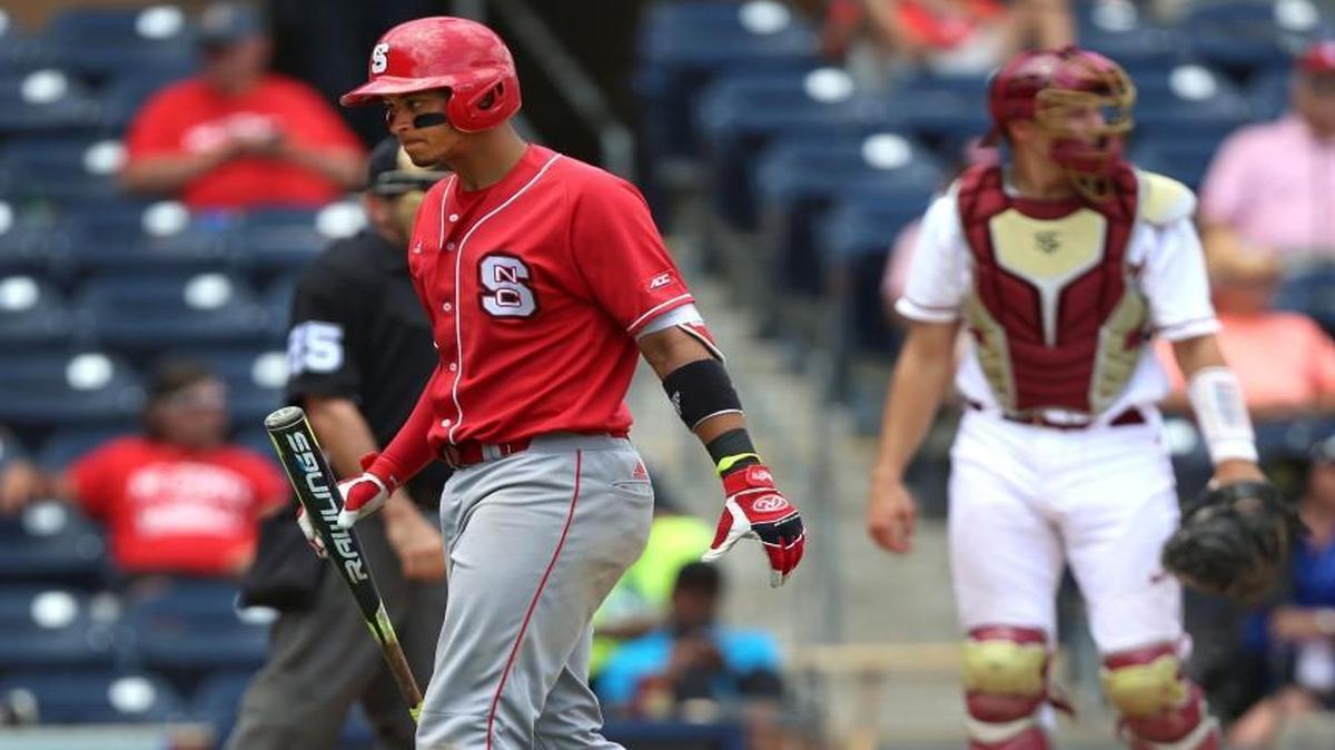 N.C. State’s Joe Dunand (3) shows his frustration after striking out in the eighth inning during Florida State's 7-3 win over N.C. State in the ACC baseball championship at Durham Bulls Athletic Park in Durham Wednesday, May 25, 2016.