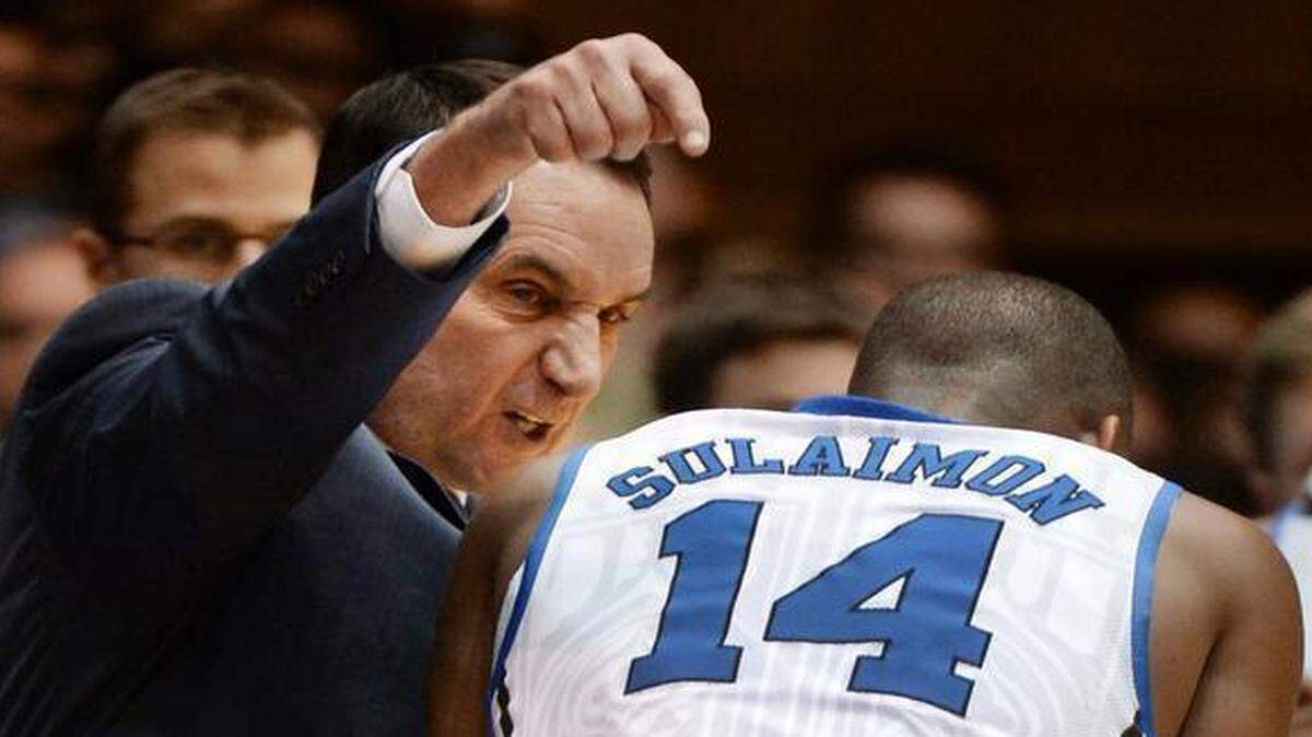 
Duke coach Mike Krzyzewski instructs guard Rasheed Sulaimon after Sulaimon was called for a technical foul during action against Elon in December. Sulaimon was dismissed from the team following Duke’s 77-73 loss at Notre Dame in late December. 
