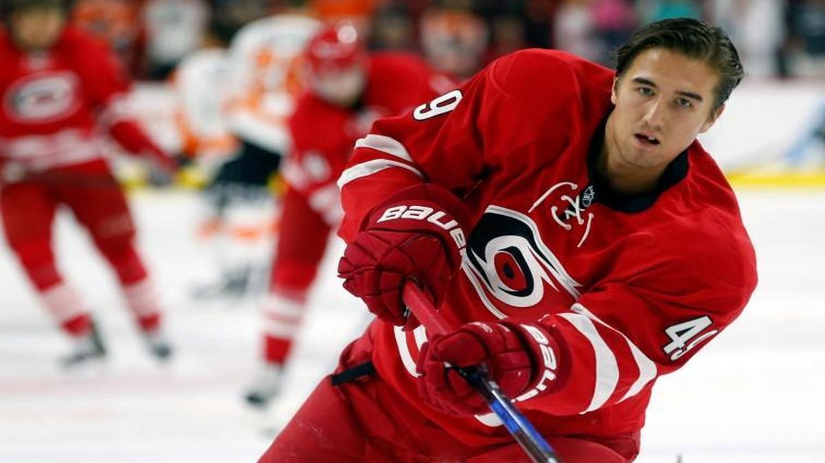 The Canes’ Victor Rask warms up Sunday before the game against the Philadelphia Flyers at PNC Arena in Raleigh.