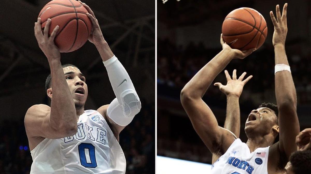 Duke forward Jayson Tatum, left, and Carolina forward Isaiah Hicks will face each other on Saturday in the battle of the blues.