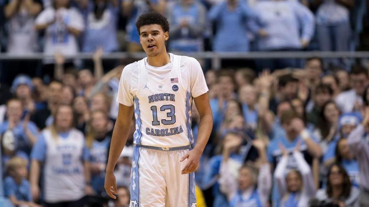 North Carolina’s Cameron Johnson drops back on defense to the applause from the student section after sinking a basket against Clemson on Jan. 16.