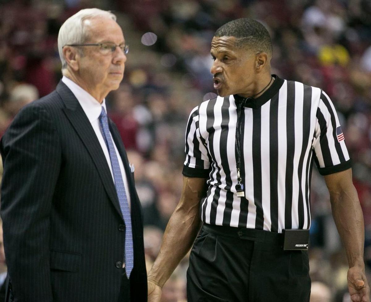 Official Ted Valentine has a word with North Carolina coach Roy Williams in the second half of the Tar Heels’ game against Florida State on Wednesday, January 3, 2018 at the Tucker Civic Center in Tallahassee, Fla.