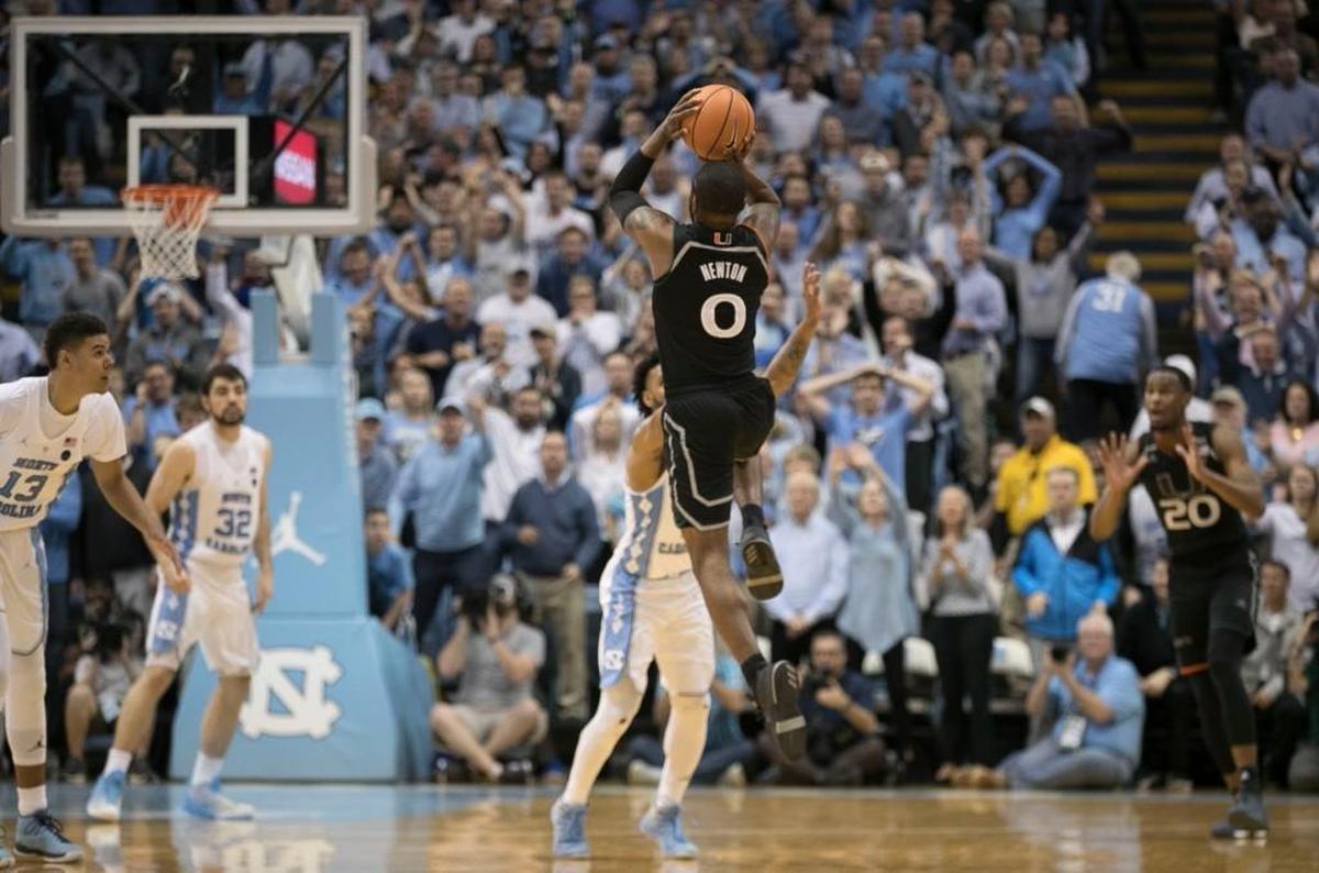 Miami’s JaQuan Newton (0) hits the game winning shot to give Miami a 91-88 victory over North Carolina with :01 to play in the game on Tuesday, February 27, 2018 at the Smith Center in Chapel Hill, N.C.