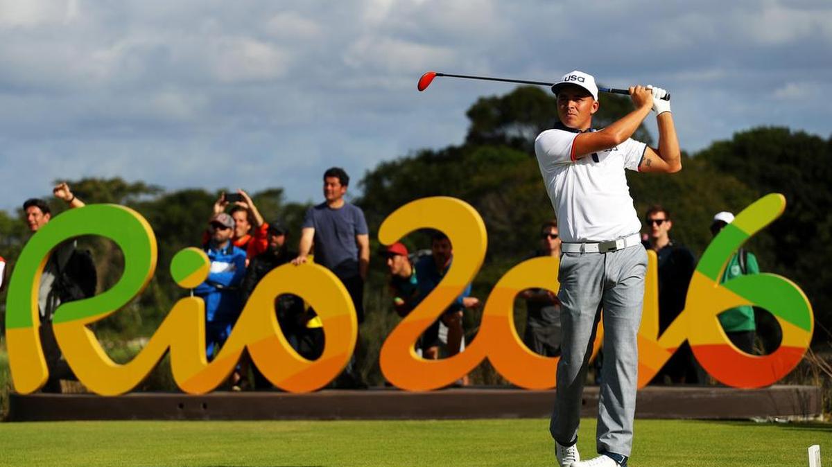 Rickie Fowler of the United States plays his shot from the 16th tee during the first round of men's golf on Day 6 of the Rio 2016 Olympics at the Olympic Golf Course on August 12, 2016 in Rio de Janeiro, Brazil.