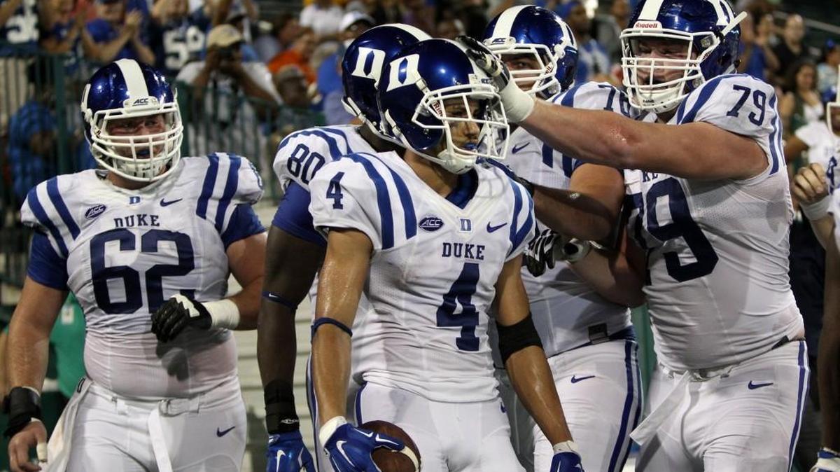 
Johnell Barnes (4) of the Duke Blue Devils celebrates after scoring a touchdown against the Tulane Green Wave at Yulman Stadium on September 3, 2015 in New Orleans, Louisiana. 

