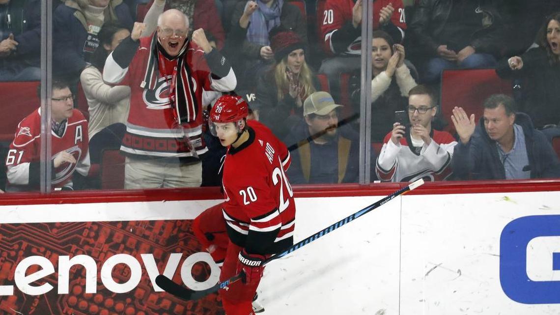 The Canes’ Sebastian Aho (20) celebrates his goal during the third period against the Ottawa Senators at PNC Arena on Jan. 30, 2018. It was his first game since he was injured several weeks ago. The Canes beat the Sens 2-1.