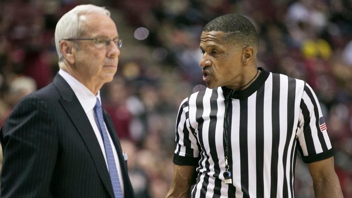 Official Ted Valentine has a word with North Carolina coach Roy Williams in the second half of the Tar Heels’ game against Florida State on Wednesday, January 3, 2018 at the Tucker Civic Center in Tallahassee, Fla.