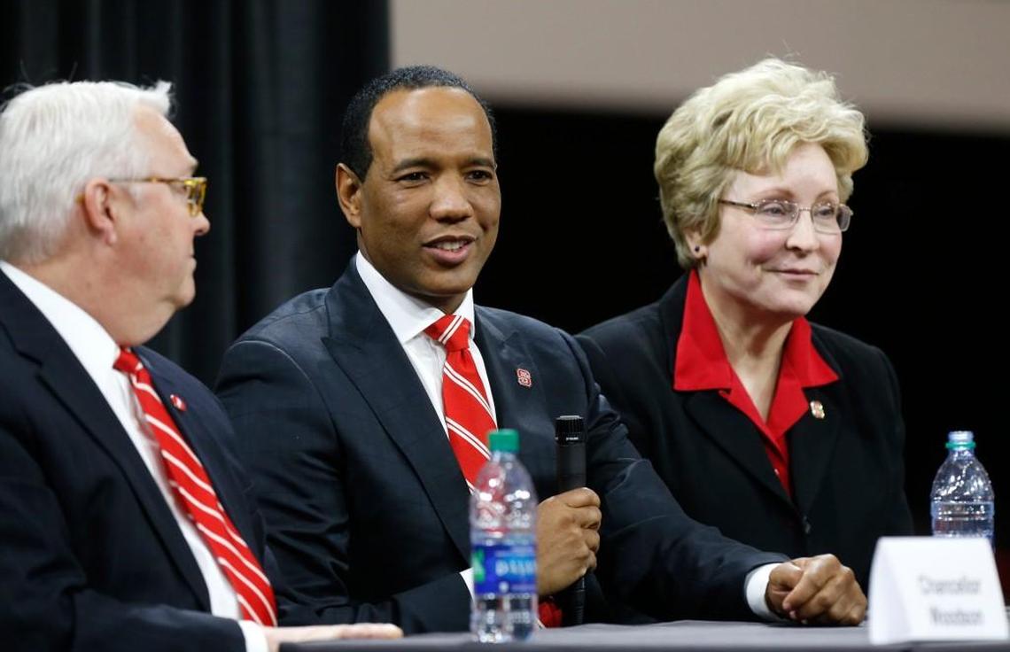 New N.C. State head men's basketball coach Kevin Keatts, center, answers questions as athletic director Debbie Yow, right, and Chancellor Randy Woodson, left, listen during an introductory press conference at Reynolds Coliseum in Raleigh, N.C., Sunday, March 19, 2017.