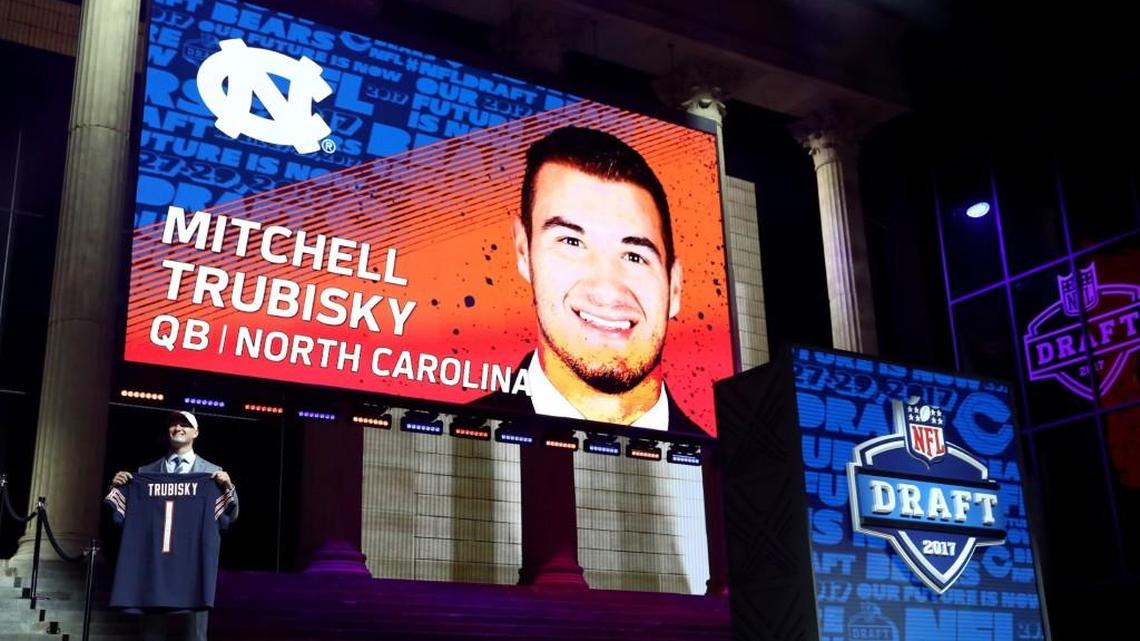 North Carolina’s Mitch Trubisky poses after being picked No. 2-overall by the Chicago Bears (from 49ers) during the first round of the 2017 NFL Draft.