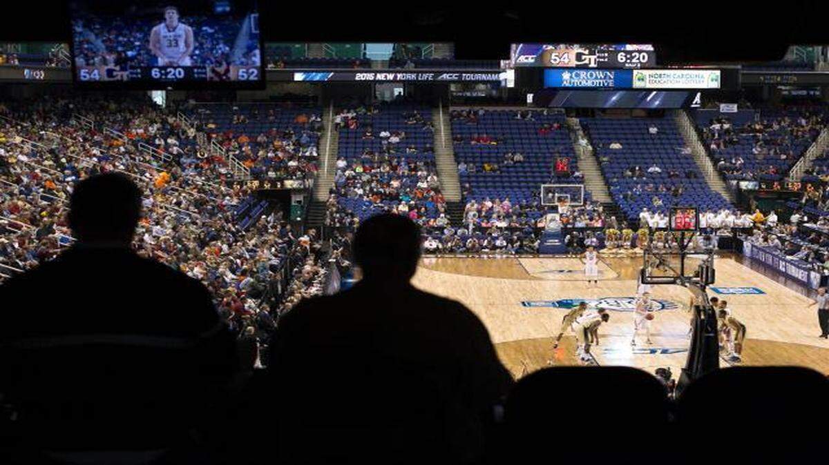 
Boston College’s Patrick Heckmann (33) shoots a free throw during the second half against Georgia Tech before a sparse crowd during the first day of the Atlantic Coast Conference Basketball Tournament at the Greensboro Coliseum in Greensboro, N.C. on Tuesday, March 10, 2015.
