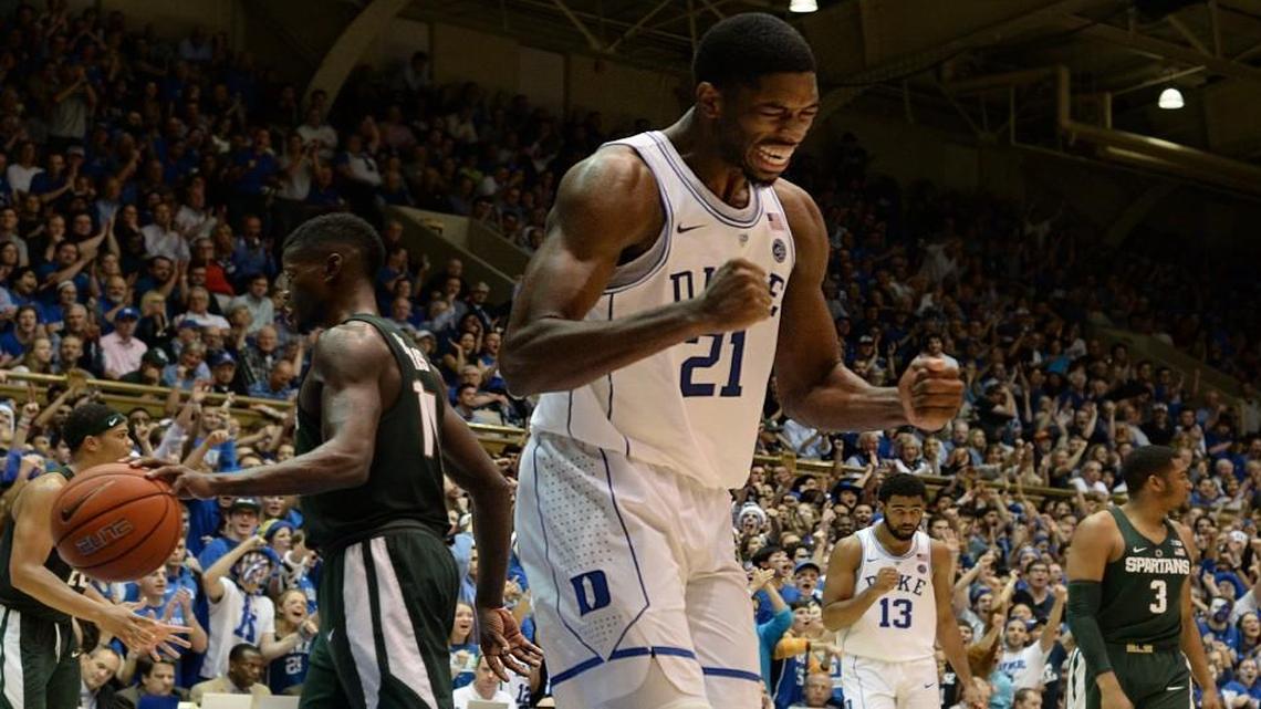 Duke’s Amile Jefferson reacts after being fouled and hitting a basket in the second half against Michigan State.