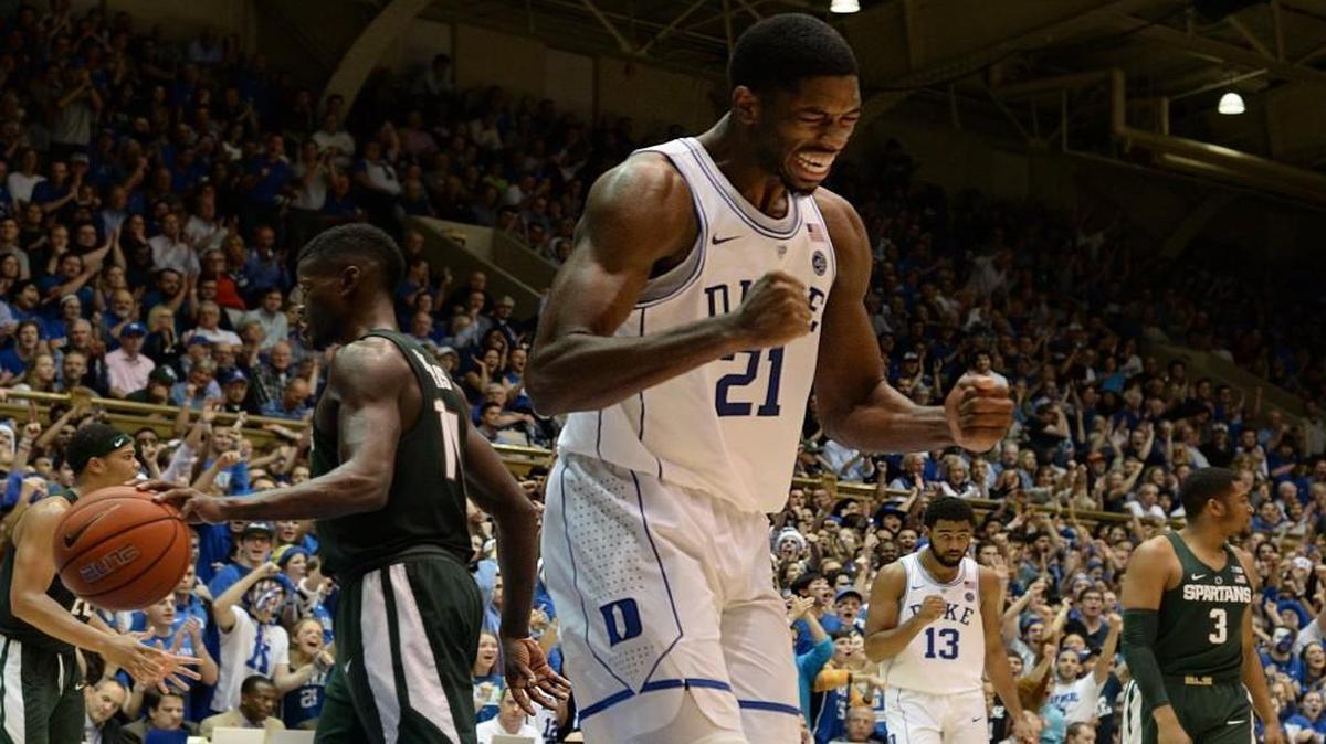 Duke’s Amile Jefferson reacts after being fouled and hitting a basket in the second half against Michigan State.