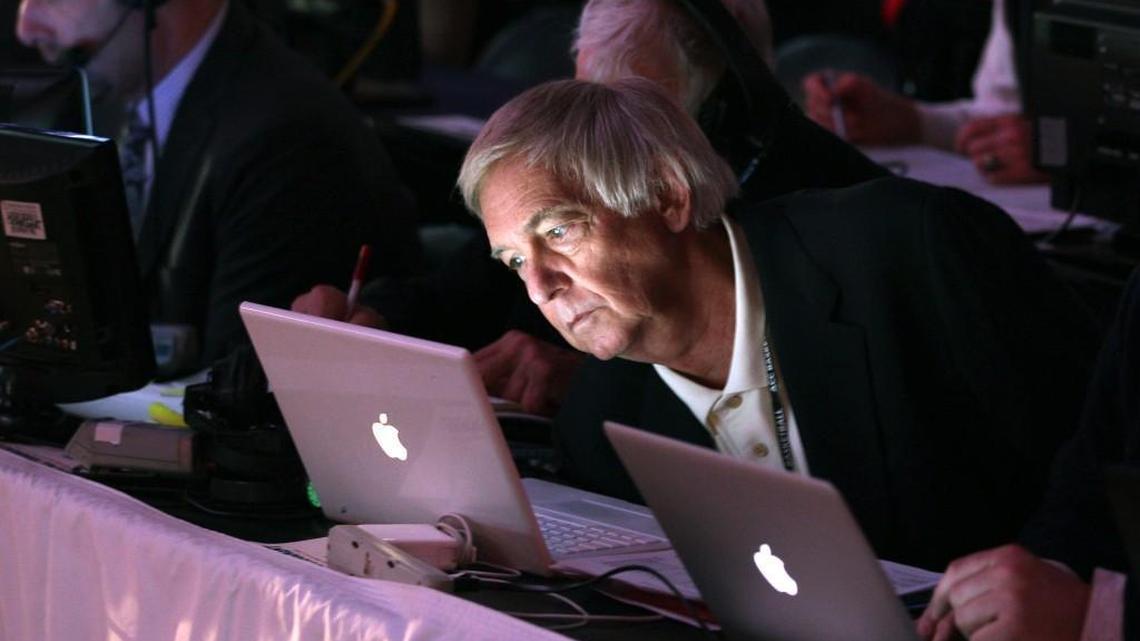 News & Observer columnist Caulton Tudor works court side during the ACC basketball tournament in Atlanta, Ga. on March 10, 2010.