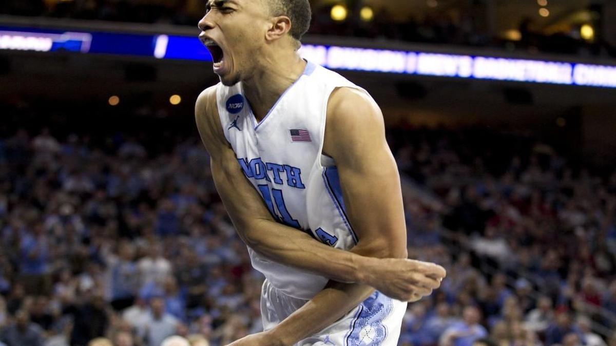 North Carolina’s Brice Johnson celebrates after a basket during the second half against Indiana in the NCAA East Regional semi-finals at the Wells Fargo Center in Philadelphia.