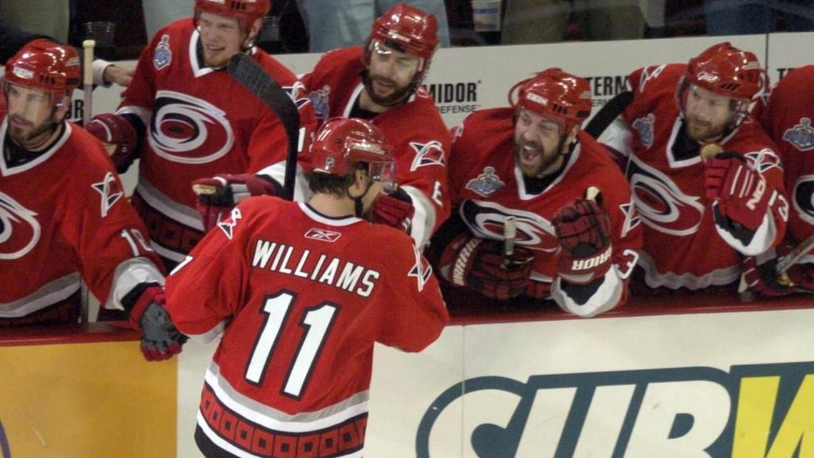 Justin Williams gets congratulated by his teammates after he scored in the third period of Game 1 of the Stanley Cup finals.