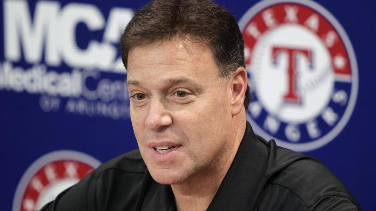 Texas Rangers co-owner Chuck Greenberg responds to a question during a news conference before the start of a baseball game against the Boston Red Sox Friday, Aug. 13, 2010, in Arlington, Texas.