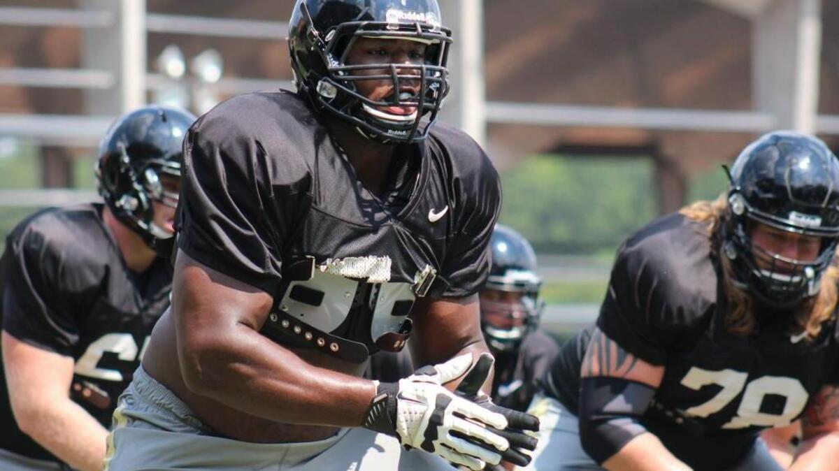 Red shirt freshman Phil Haynes (74) works out with the Wake Forest University football team during a practice at the Doc Martin Football Practice Complex in Winston Salem, N.C., on Friday, August 14, 2015.