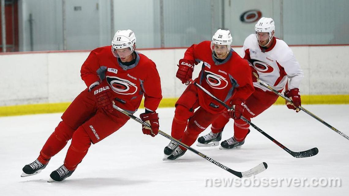 
The Carolina Hurricanes Eric Staal, left, John-Michael Liles, center, and Jordan Staal skate.
