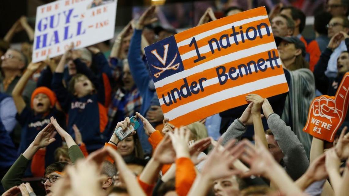 Virginia fans cheer their team during the second half of an NCAA college basketball game in Charlottesville, Va., Saturday, Feb. 10, 2018. Virginia Tech won the game 61-60 in overtime.