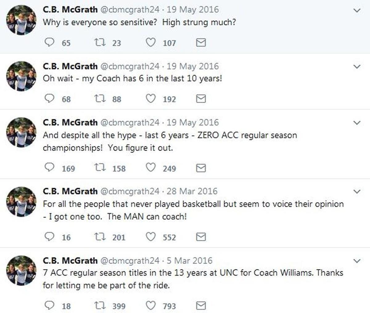 From 2016, some of C.B. McGrath’s occasional (and sporadic) Twitter posts defending UNC coach Roy Williams.