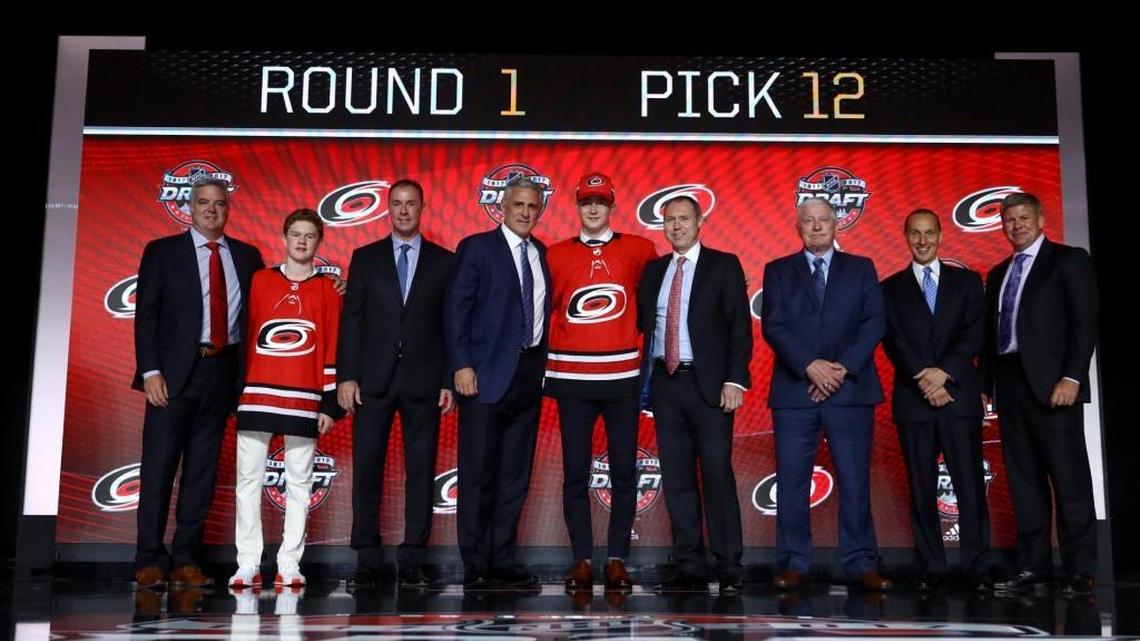 Martin Necas poses for photos after being selected 12th overall by the Carolina Hurricanes during the 2017 NHL Draft at the United Center in Chicago.