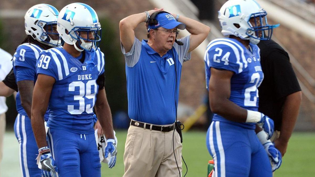 Duke head coach David Cutcliffe holds his head as Duke is forced to stop the clock late in the fourth quarter. Duke lost to Wake Forest 24-14 at Wallace Wade Stadium on Sept. 10.