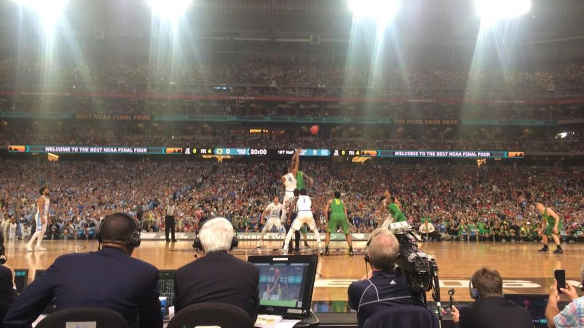 My view from press row at the tip of North Carolina’s national semifinal against Oregon at the Final Four in Glendale, Ariz.