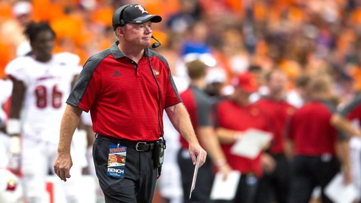 Head coach Bobby Petrino of the Louisville Cardinals watches game action during the game against the Louisville Cardinals on September 9, 2016 at The Carrier Dome in Syracuse, New York.