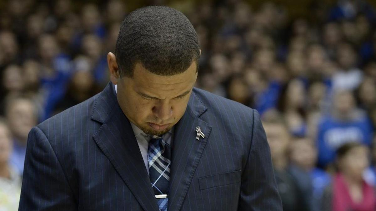 Duke assistant head coach Jeff Capel stands during a moment of silence for his father who passed away this week. Duke defeated Southern University 78-61 Friday, Nov. 17, 2017 at Cameron Indoor Stadium in Durham, N.C.