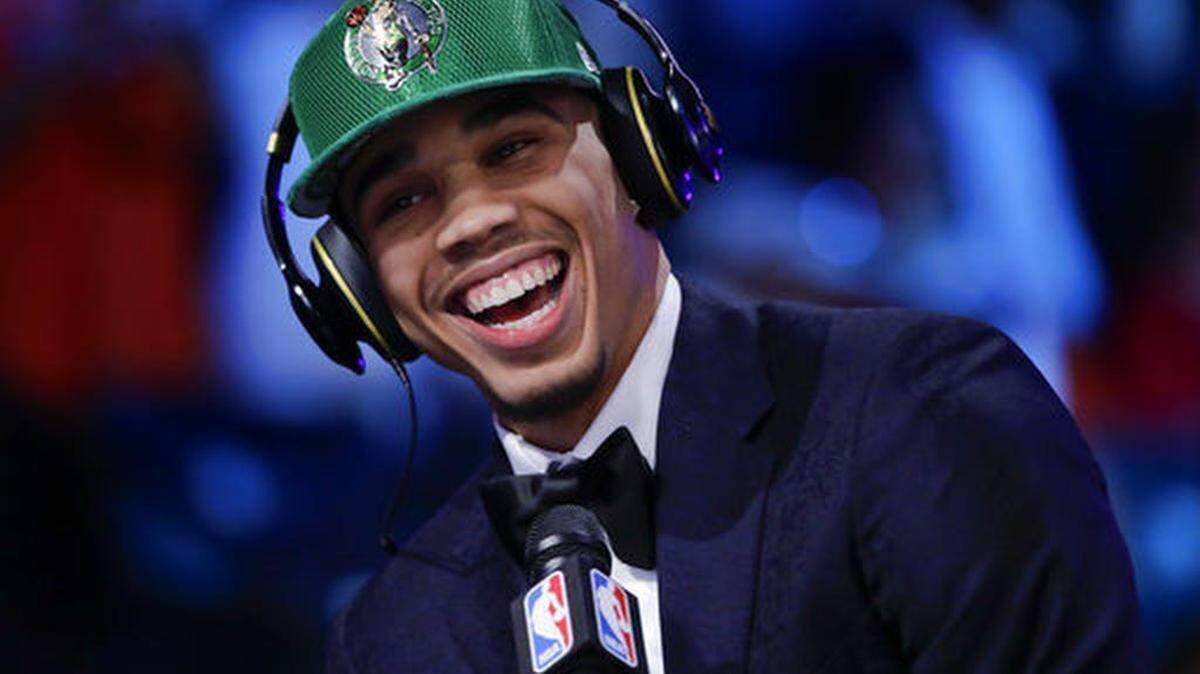 Duke's Jayson Tatum answers questions during an interview after being selected by the Boston Celtics as the third pick overall during the NBA basketball draft, Thursday, June 22, 2017, in New York.