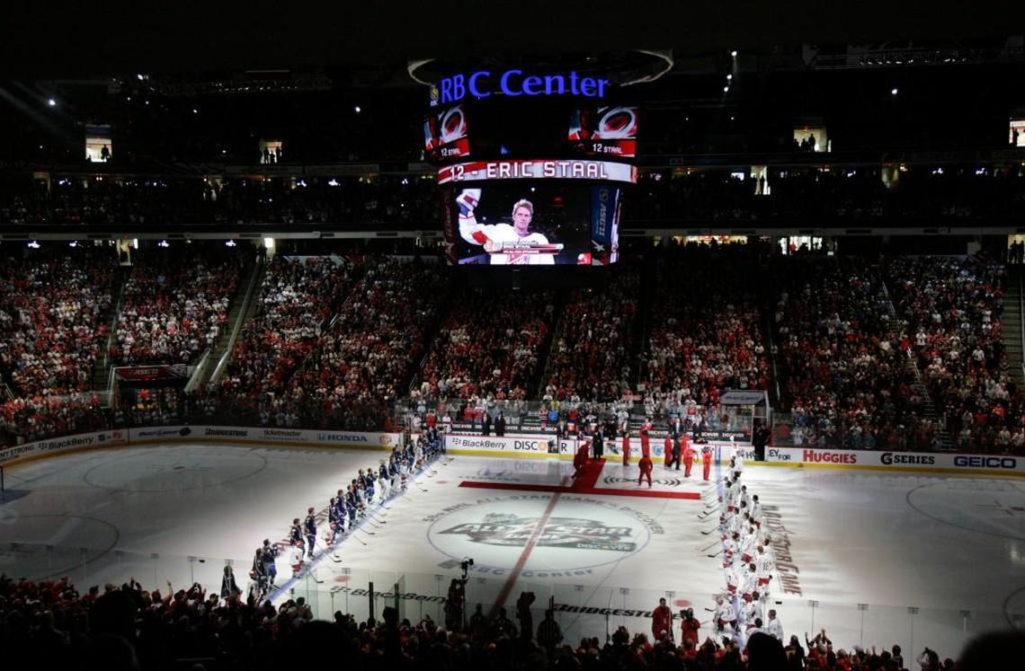 The image of Team Staal captain Eric Staal of the Hurricanes fills the scoreboard during player introductions before the NHL All-Star Game at the RBC Center in January, 2011.