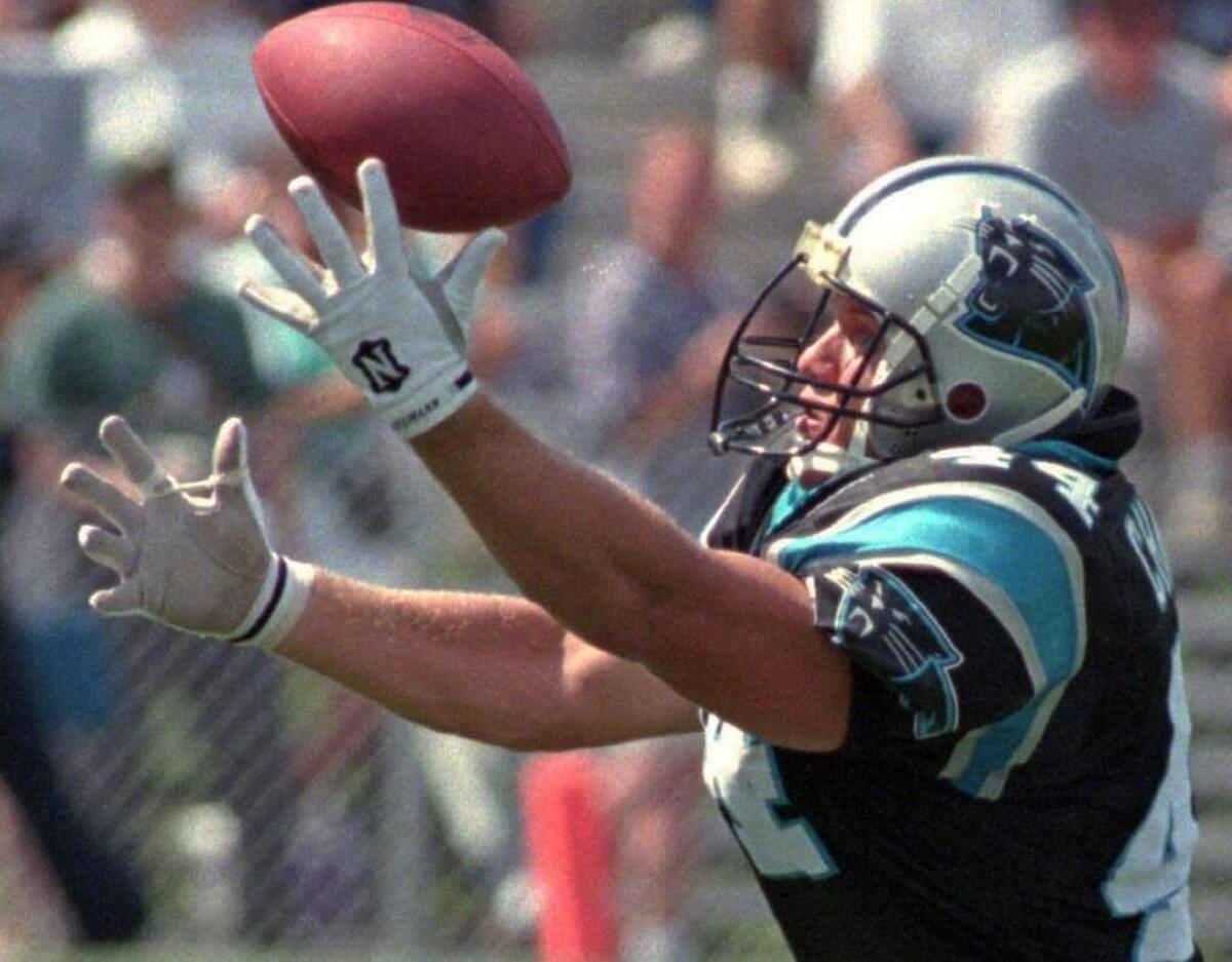 
Bob Christian hauled in this pass from Frank Reich and ended up scoring on a 16-yard TD after doing so in Carolina’s 20-14 exhibition win over Jacksonville in the 1995 Hall of Fame game. Christian was also well-known for his off-field beliefs.
