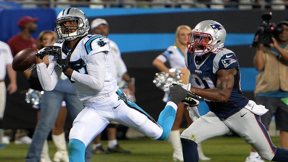 
Carolina Panthers wide receiver Corey Brown, left, is unable to make a pass reception as New England Patriots cornerback Malcolm Butler, right, gives chase during second quarter action at Bank of America Stadium in Charlotte.
