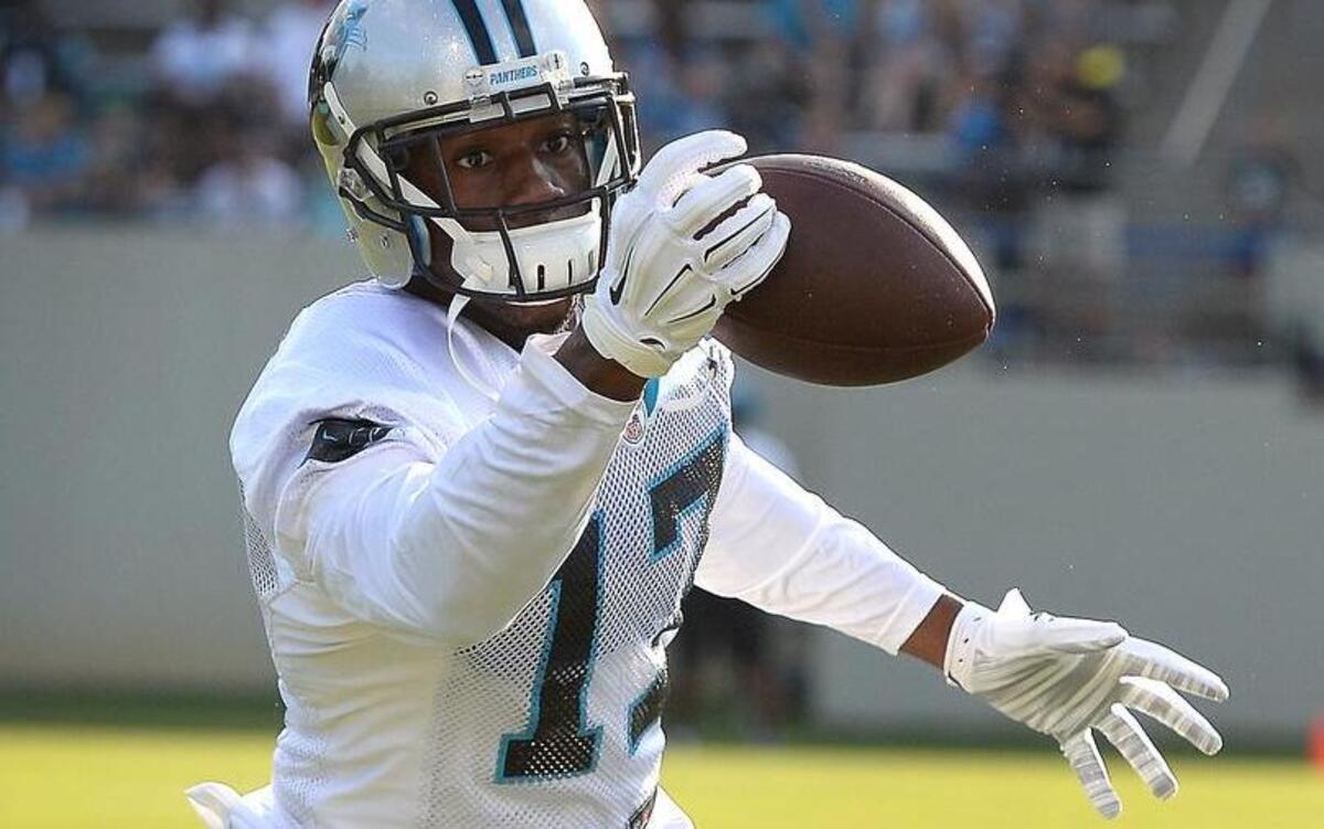 
Carolina Panthers wide receiver Devin Funchess catches a ball one-handed during the team's first practice of training camp on Friday at Wofford College in Spartanburg.

